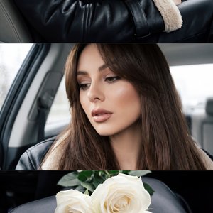 Professional triptych photo inside a car, editorial and high-resolution: 
- Top: tight close-up of forearms gently cradling a small black dog on the lap; arms relaxed, hands mostly out of frame. 
- Center: extreme close-up beauty portrait of a woman, head