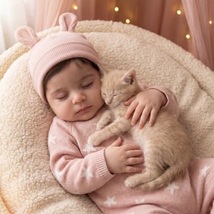 Professional overhead 3/4, medium close-up photo of a sleeping baby in a round plush cream bassinet, hugging a tiny cream-ginger kitten; pose: lying on the back in a snug, slightly curled posture; shoulders relaxed; both forearms wrapped around the kitten