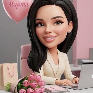 Миловидная девушка в 3D\-карикатурном стиле с крупной головой и реалистичными чертами лица, девушка менеджер по продажам , в стильном молочном строгом костюме , рядом воздушный шар нежно розового  цвета с надписью «С 8 Марта»\. Рядом лежит букет весенних 