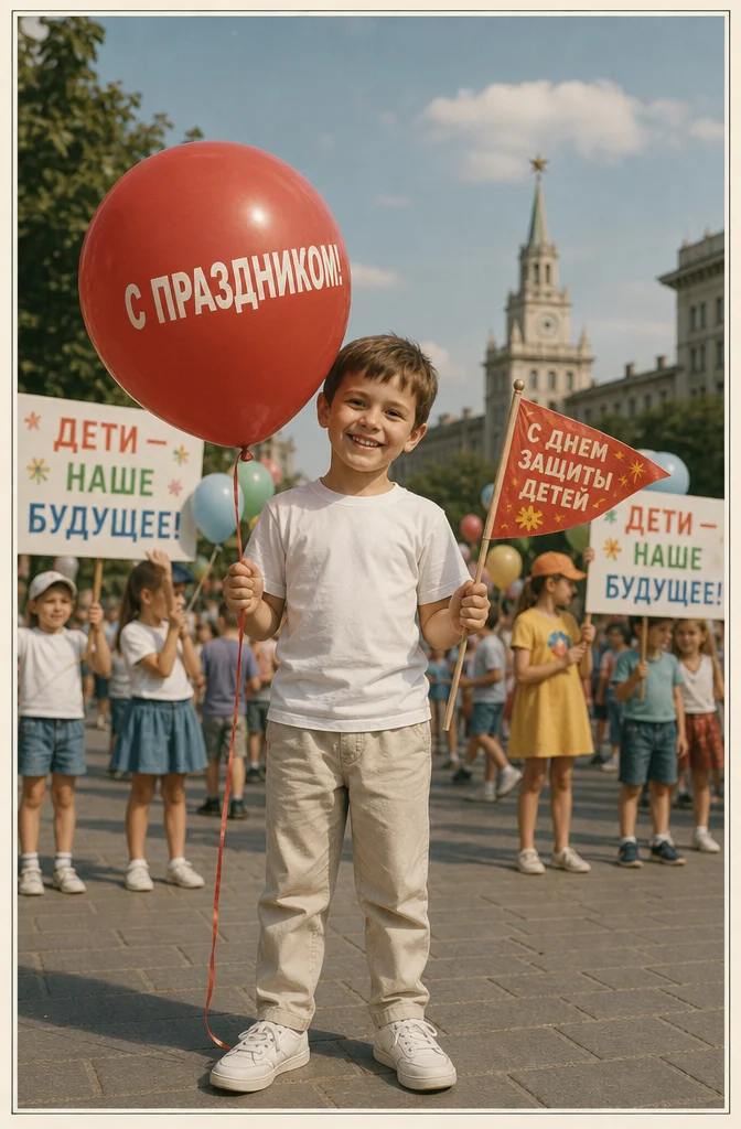 Открытка портрет мальчика
Детальная фотография, выполненная в стиле аналоговой пленки с естественным зерном. Мальчик в светлых брбках, кроссовках и белой футболке форме радостно улыбается в камеру. В руках он держит большой красный надувной шар с надписью