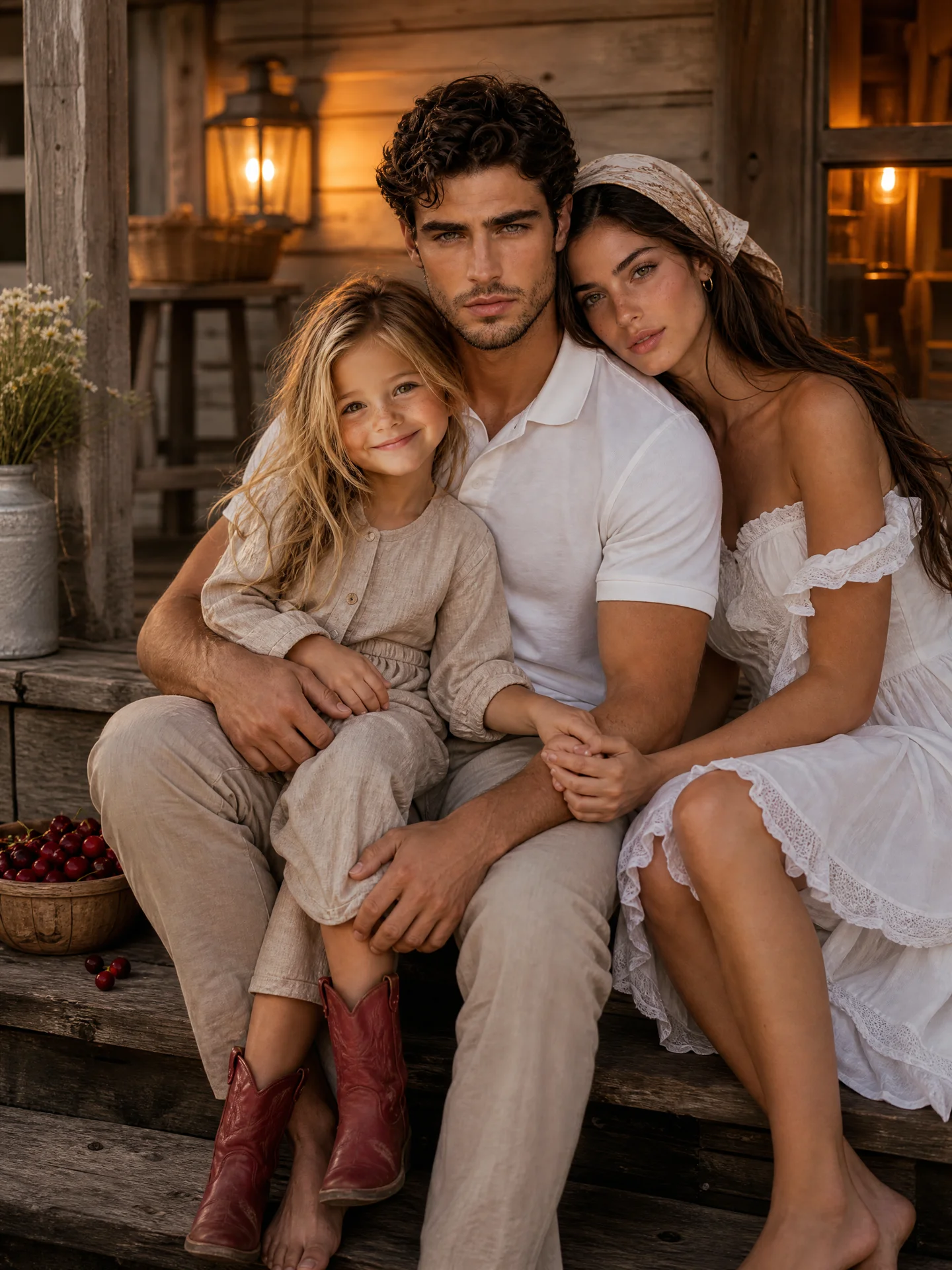 Wide rustic shot, father in white polo sitting on porch steps holding daughter in beige linen set and red boots. Mother in white ruffle dress and headscarf leaning on father, holding hands, wooden porch, bowl of cherries, warm lantern twilight --ar 4:5 --
