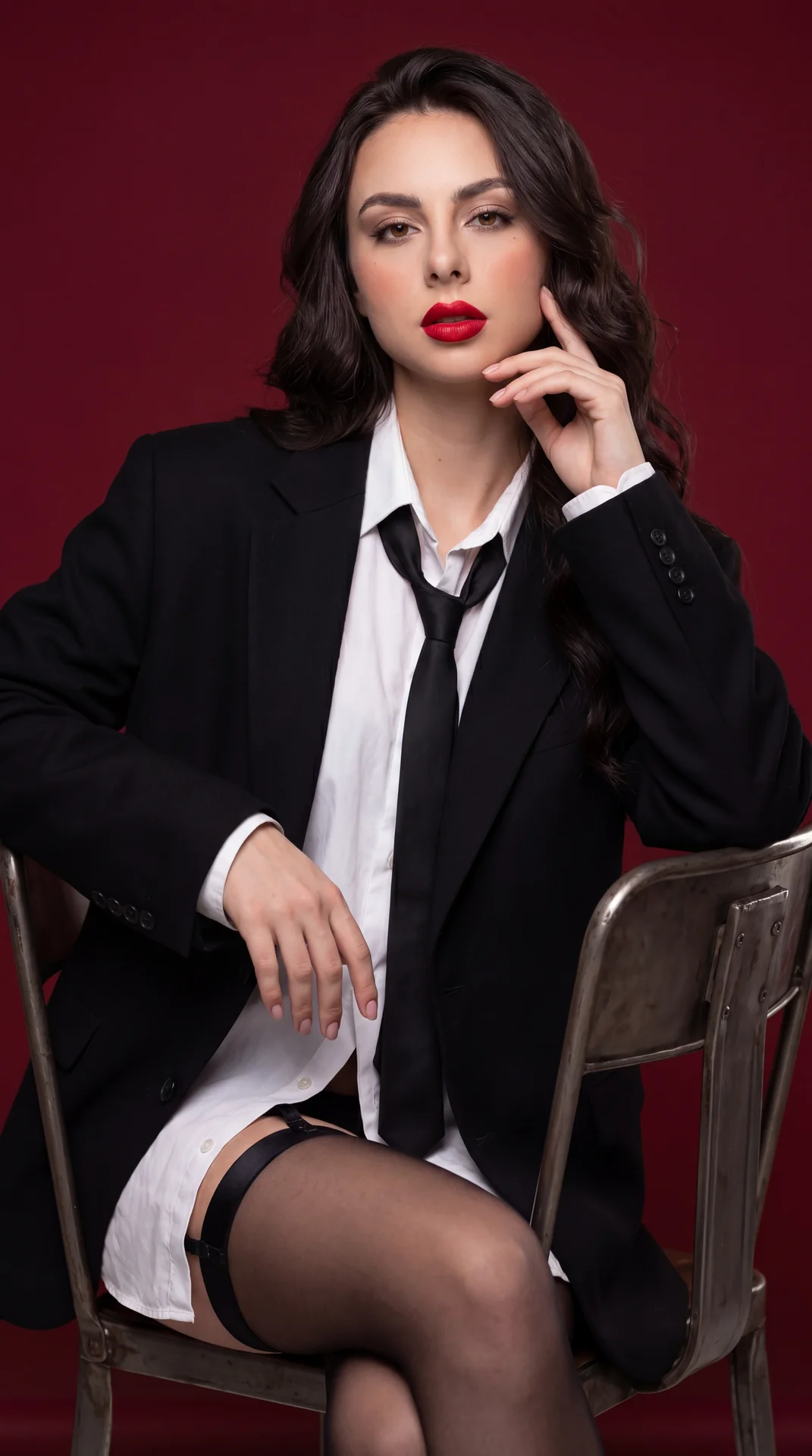 Professional studio fashion portrait: a woman sitting on a vintage metal chair against a dark red seamless background; medium shot, slightly lowered viewing angle, three‑quarter pose; torso tilted forward, one knee raised to the lens; left forearm resting