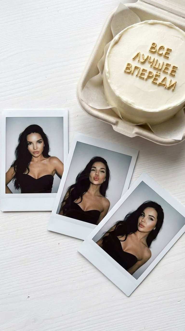 Create a portrait without changing your facial features. Three polaroid photographs spread out on a white table. There is a bento cake with the golden inscription "ВСЕ ЛУЧШЕЕ ВПЕРЕДИ."  photo of a woman with loose voluminous hair on one side without a par