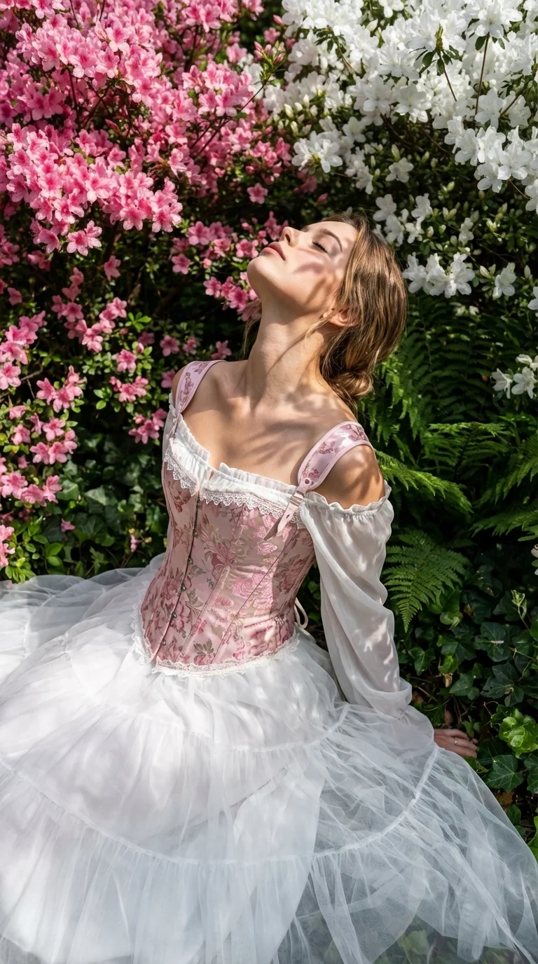 Preserve the woman's appearance from the reference 1:1. Женщина в профиль, запечатлена в глубоко эмоциональной и расслабленной позе, сидя на земле среди густой растительности. Ее голова откинута назад, подбородок направлен вверх, а глаза закрыты, что подч