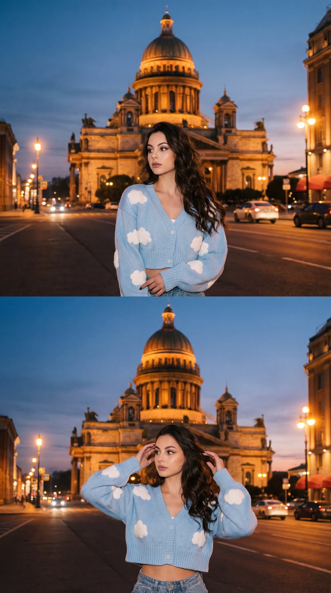 The snapshot consists of two vertically aligned photos of the same location. Both pictures show a woman standing at dusk in front of a magnificent architectural structure.

In the background stands St. Isaac's Cathedral, a majestic neoclassical building w