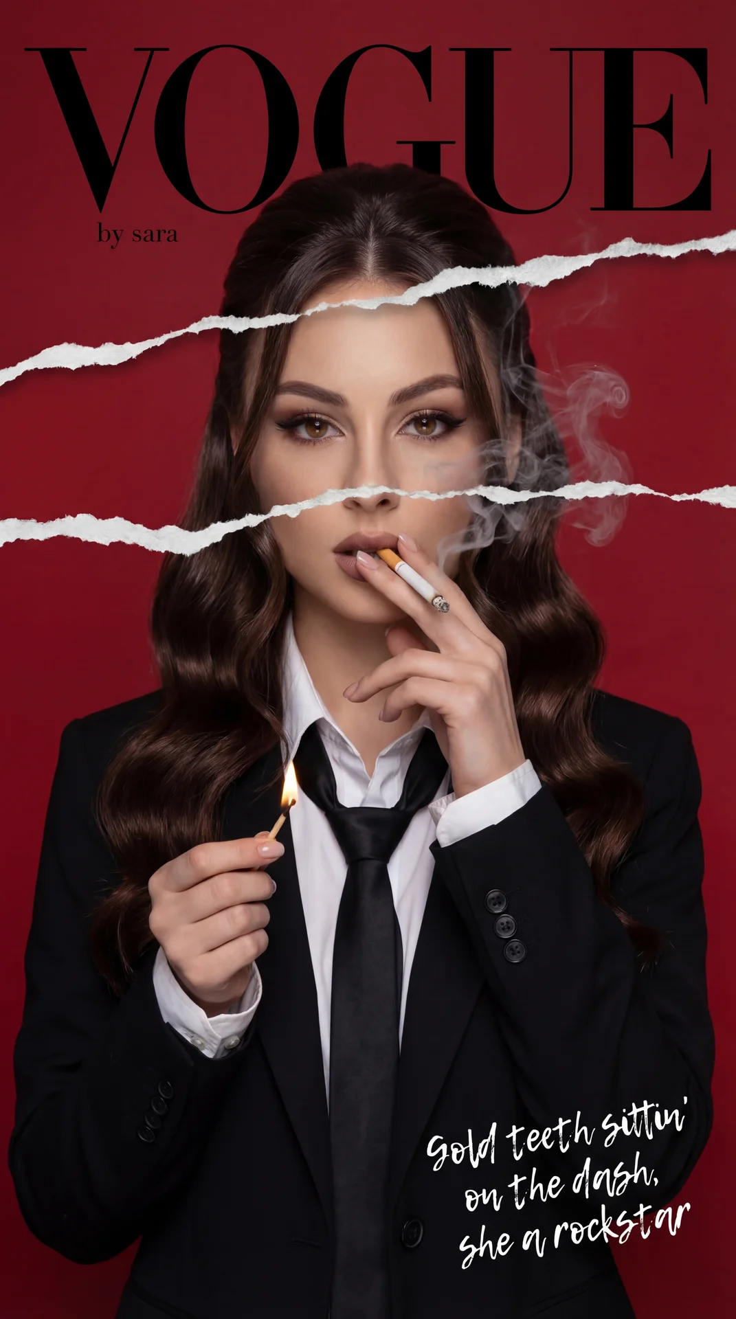 The image is a stylized magazine cover with the word "VOGUE" prominently displayed at the top in bold, black letters set against a deep red background. Below the title, there is a slightly torn effect running horizontally through the image, giving it a la