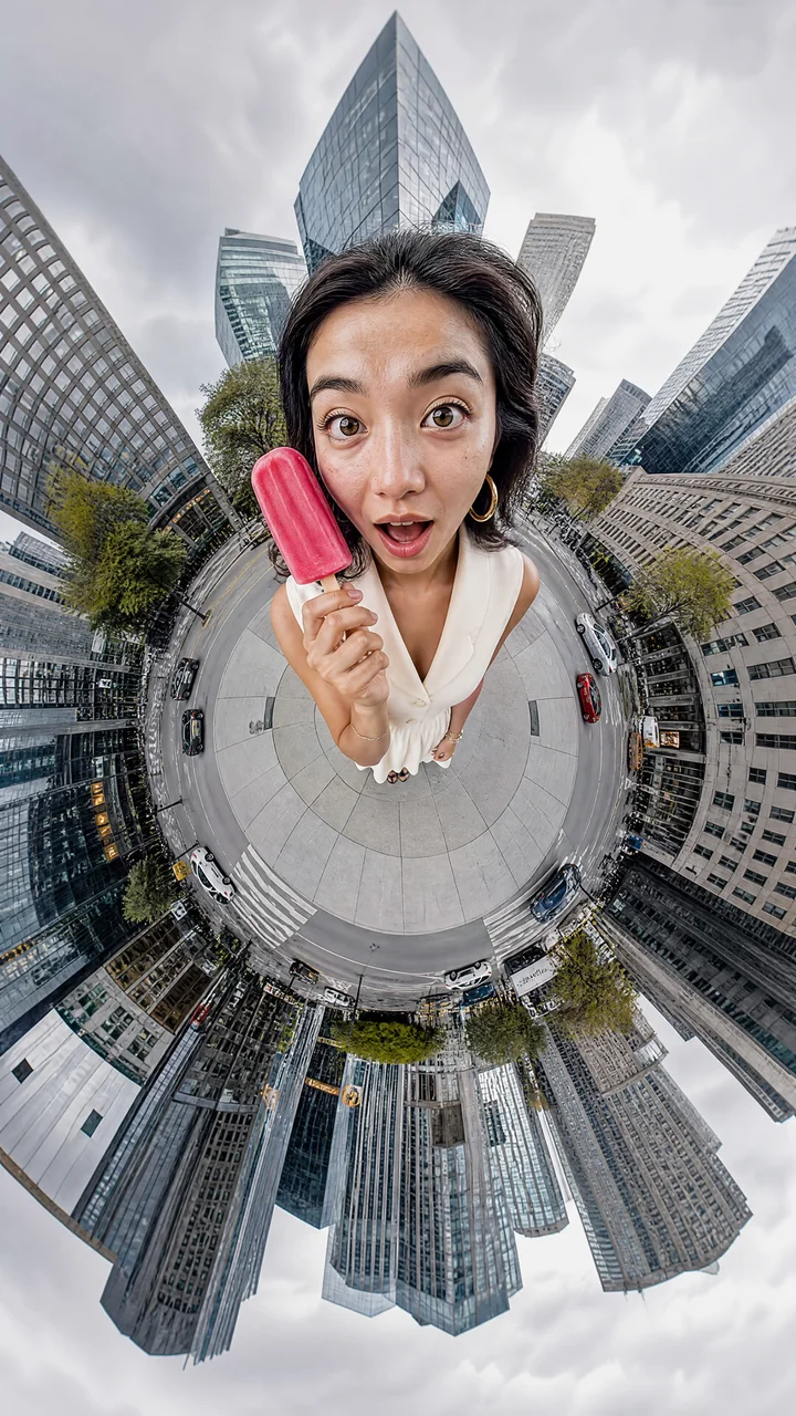 Create a surreal editorial portrait using the Tiny Planet (Little Planet) projection effect.
A stylish young woman stands in the exact center of a miniature planet created from a modern city intersection. She looks directly into the camera with a surpri