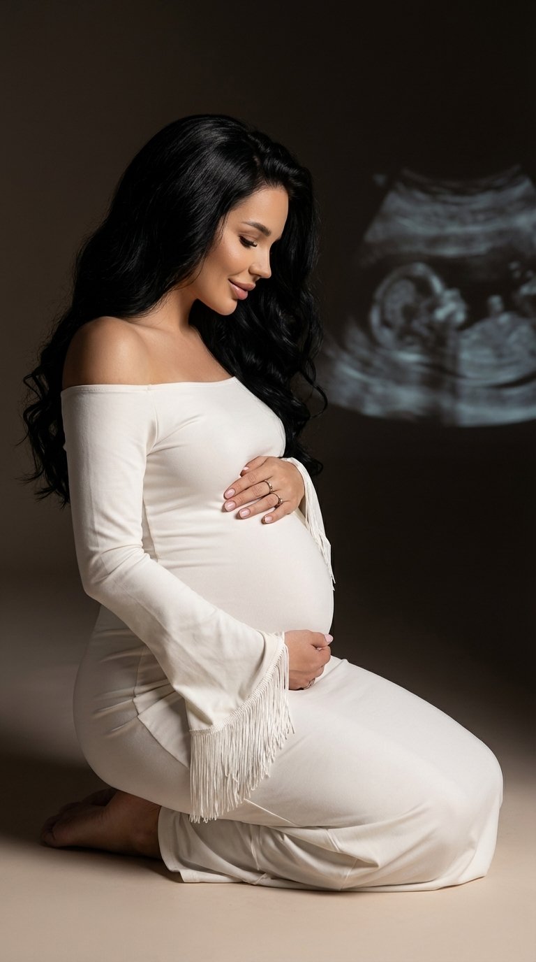 Фотореалистичная студийная maternity\-фотография в мягком кинематографичном editorial\-стиле\. Беременная женщина с длинными блестящими густыми волнистыми волосами сидит на коленях \(на пятках\) на светлом бесшовном фоне, профиль влево\. Вертикальный кадр