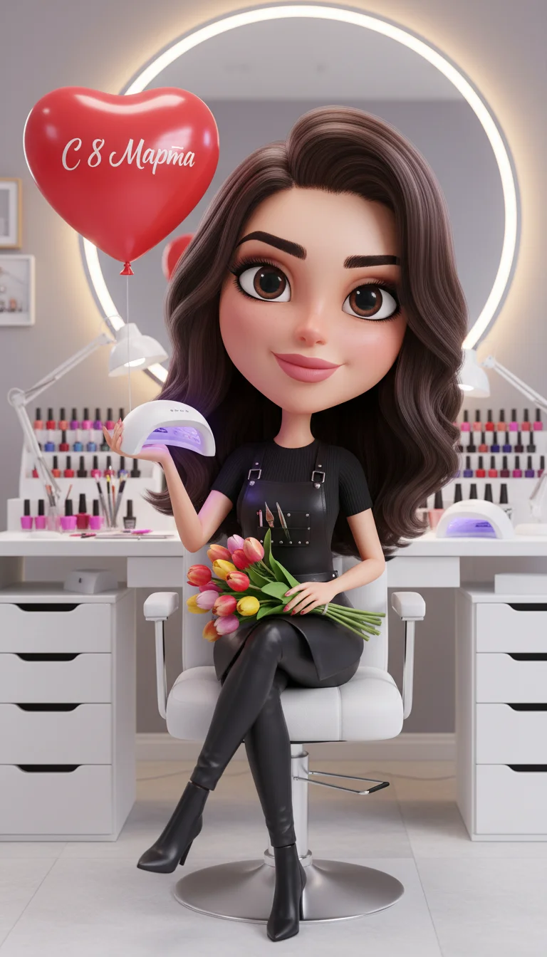 cute stylized 3D caricature female nail technician, big head small body proportions, sitting in a modern manicure salon chair, legs crossed, confident and elegant pose, long glossy dark hair styled in soft waves, perfect makeup, thick eyebrows, big expres