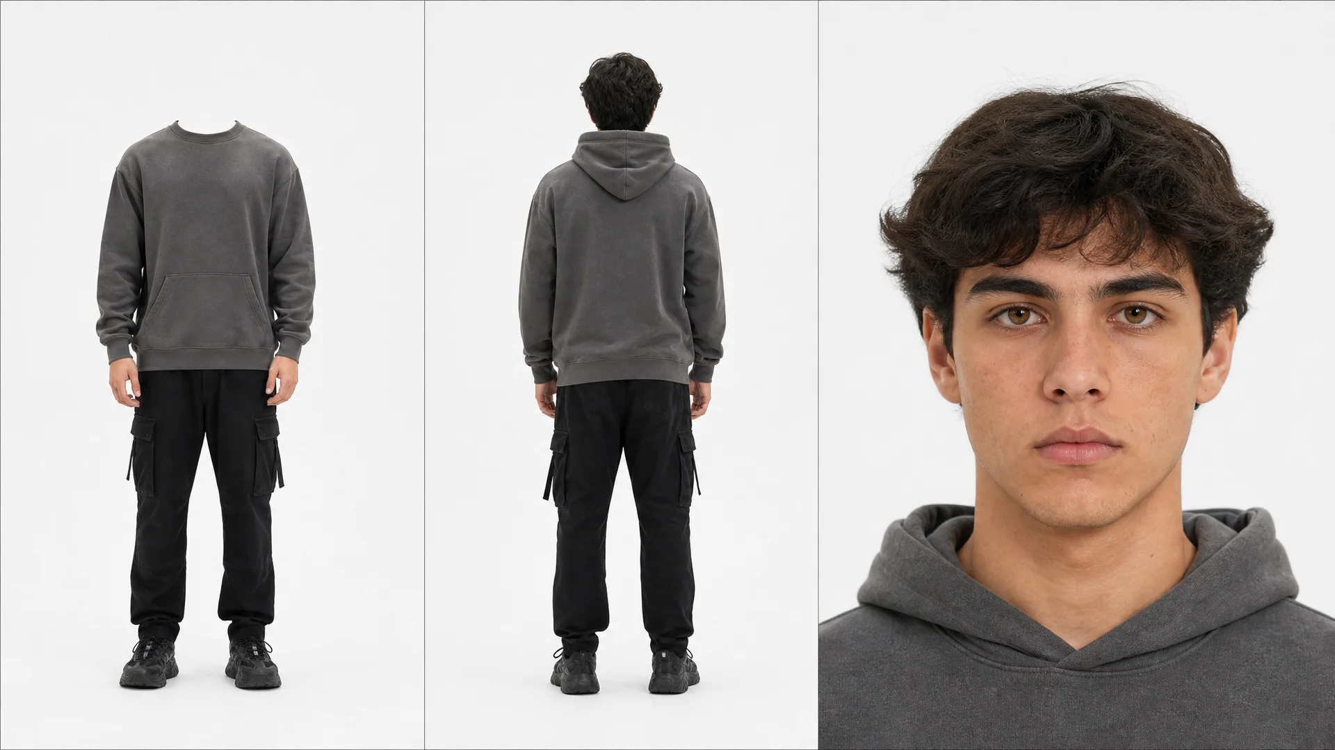 Take the person's appearance from the uploaded photos and create a character reference sheet, divided into three vertical panels on a neutral white or light-gray background.
RIGHT PANEL (close-up):
A close-up portrait of the person's face, cropped at the 
