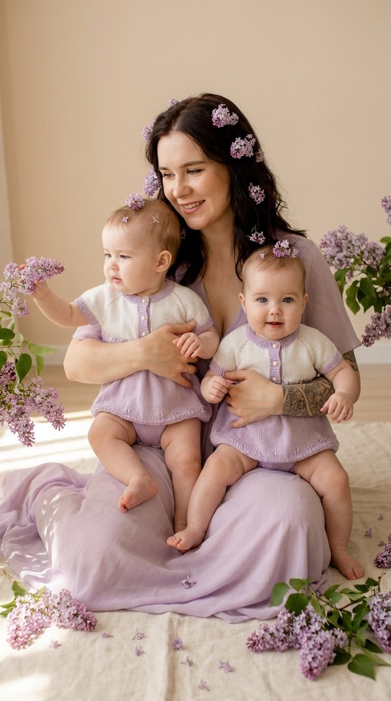 Ultra-realistic professional photo of a young mother with her two identical twin baby girls, 8 months old. They are sitting together on a soft cream linen rug. Mother weighs 65 kg, has a slim but naturally soft body type — not skinny, healthy and feminine