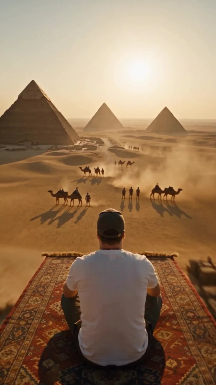 Create one continuous 20-second first-person flight video. The rider is a young man wearing a cap — he is the man from @image_1 (same face, build and clothing as @image_1), sitting on a flying Persian magic carpet. The carpet flies steadily forward on a c