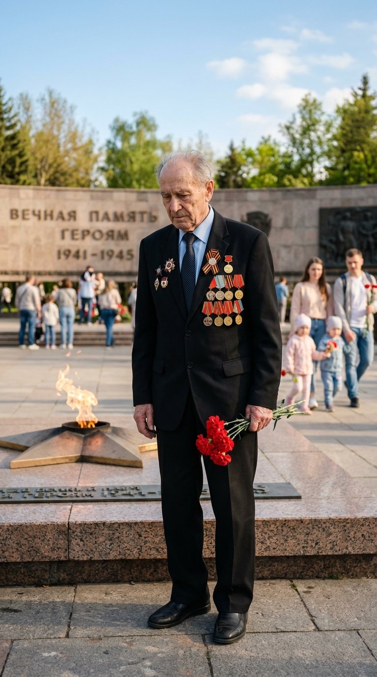 Дедушка 90 лет, в черном костюме, светлая рубашка, Немного задумчивое и грустное лицо. на костюме видны 7 медалей и 2 ордина, Стоит у памятника с вечным огнем, в руках держит красные гвоздики. Погода солнечная, мягкий свет, добрая атмосфера вокруг. Рядом 
