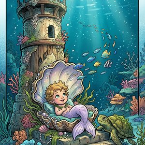 Комиксовый кадр.
На дне моря стоит старый сказочный маяк. Стены его в некоторы местах облеплены моллюсками.
Рядом растут коралловые рифы. 
На его ступенях стоит большая раковина-колыбель.
В ней лежит малышка-русалочка с зелёными глазками, пшеничного цвета