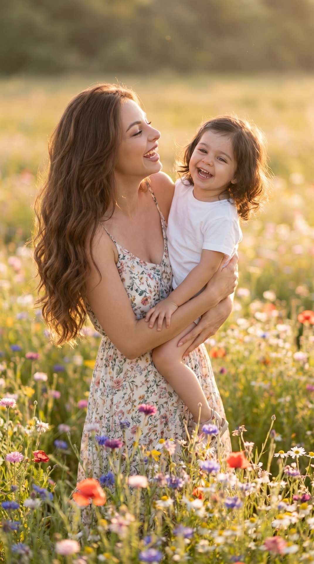 The image captures a tender moment between a woman and a young child in a sunlit field of wildflowers. The woman, with long, wavy brown hair, is joyfully holding the child in her arms. She wears a sundress adorned with a delicate floral pattern, which com