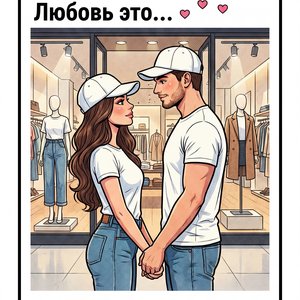 Создай изображение Наклейки в стиле "Love is...". Белый фон, чёрная рамка по всему периметру, сверху крупно "Любовь это...", маленькие розовые сердечки.

В центре мультяшная девушка (с внешностью в точности как на фото 1), карими глазами, с длинными корич