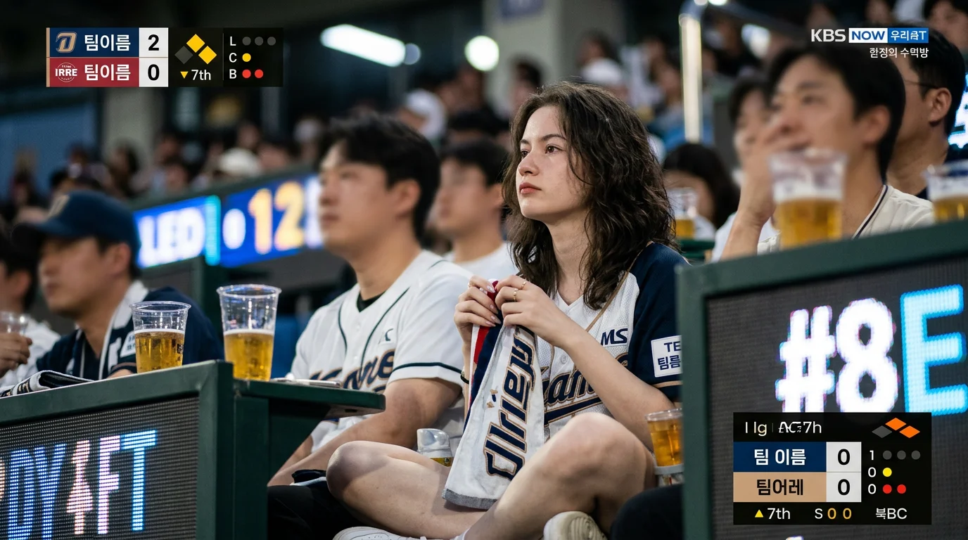 Use the attached photo as the exact facial reference. Create an ultra realistic 16:9 Korean baseball broadcast crowd shot during a summer evening {팀 이름} game. Preserve the original face and hairstyle naturally without over-editing. Wide shot from an eye-l