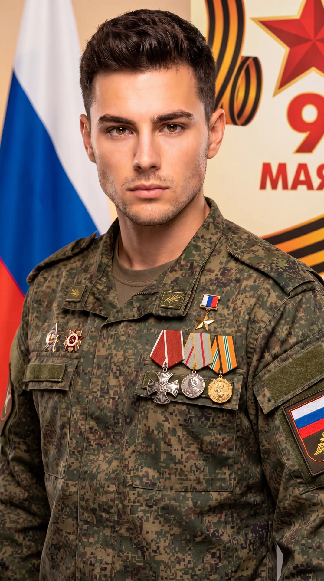 Мужчина в военной форме с медалями на груди, уверенно смотрит в камеру. Его лицо выражает решимость и гордость за службу. На заднем плане - флаг и символика Победы. Атмосфера патриотизма
*Точно передать мои черты лица и внешность
