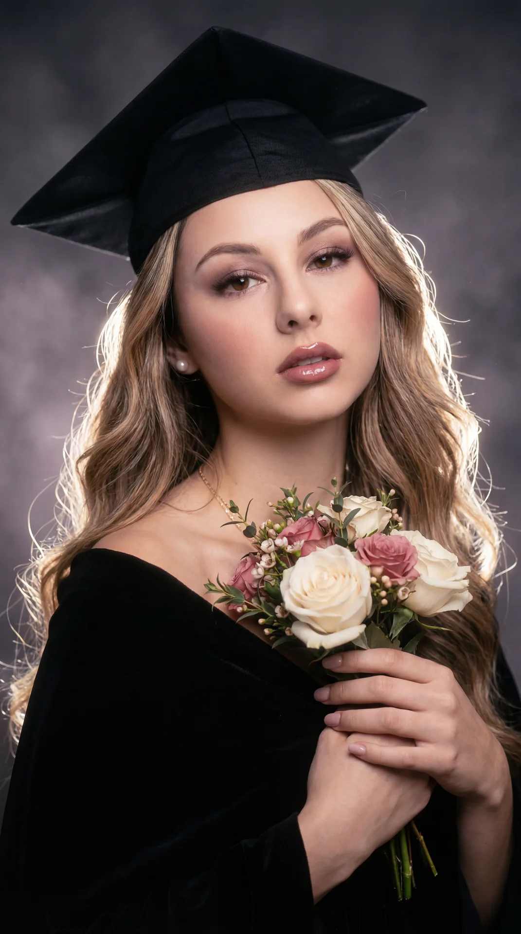 Create image: use the attached image for facial reference with high precision while preserving exact facial structure and natural asymmetry.

SCENE:
Dreamy vintage glamour graduation studio portrait. Subject wears a black graduation cap tilted slightly to
