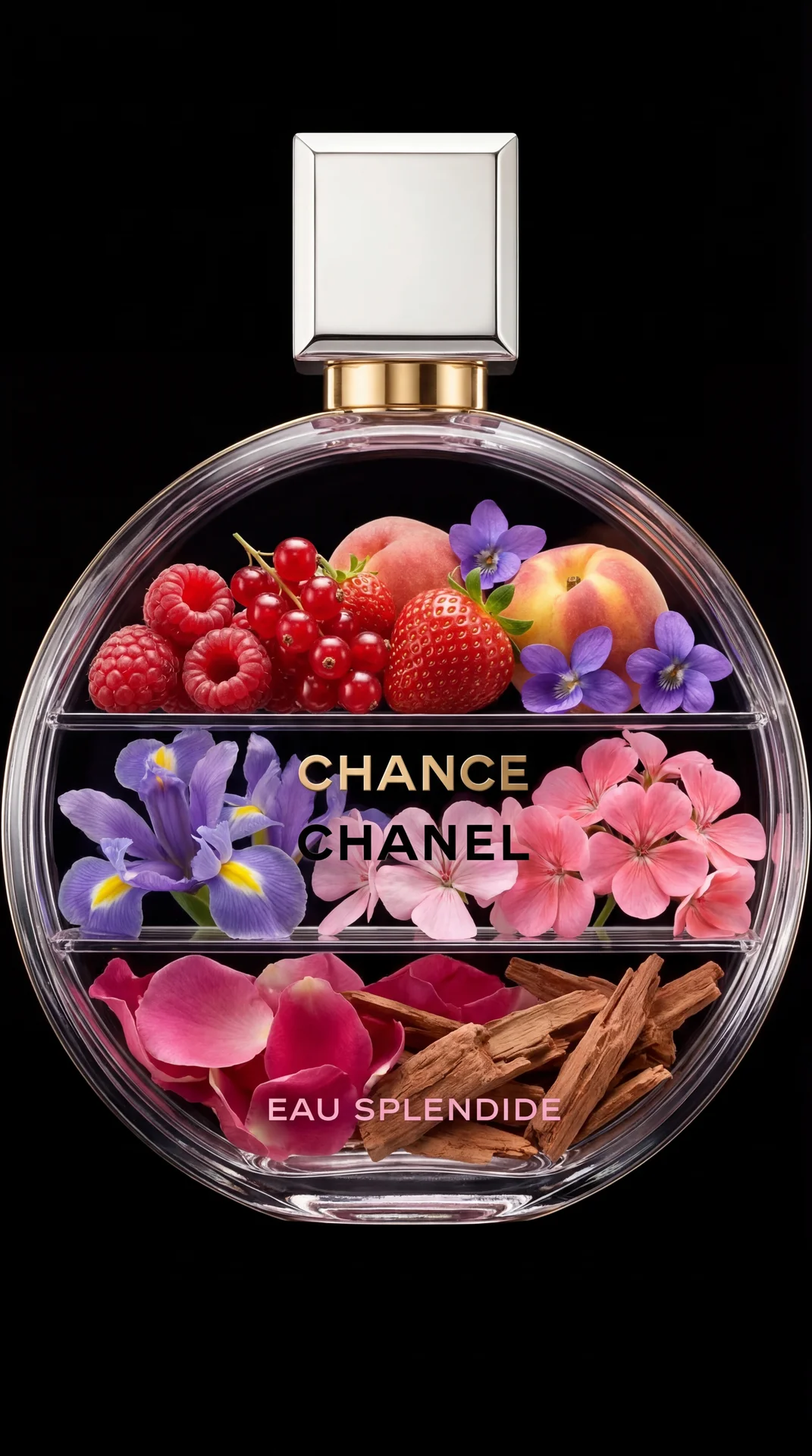 Use the uploaded perfume bottle photo as a strict visual reference. The bottle shape, glass, cap, proportions, thickness and design must remain IDENTICAL to the original photo. Do not redesign, stylize or reinterpret the bottle in any way. Remove the liqu
