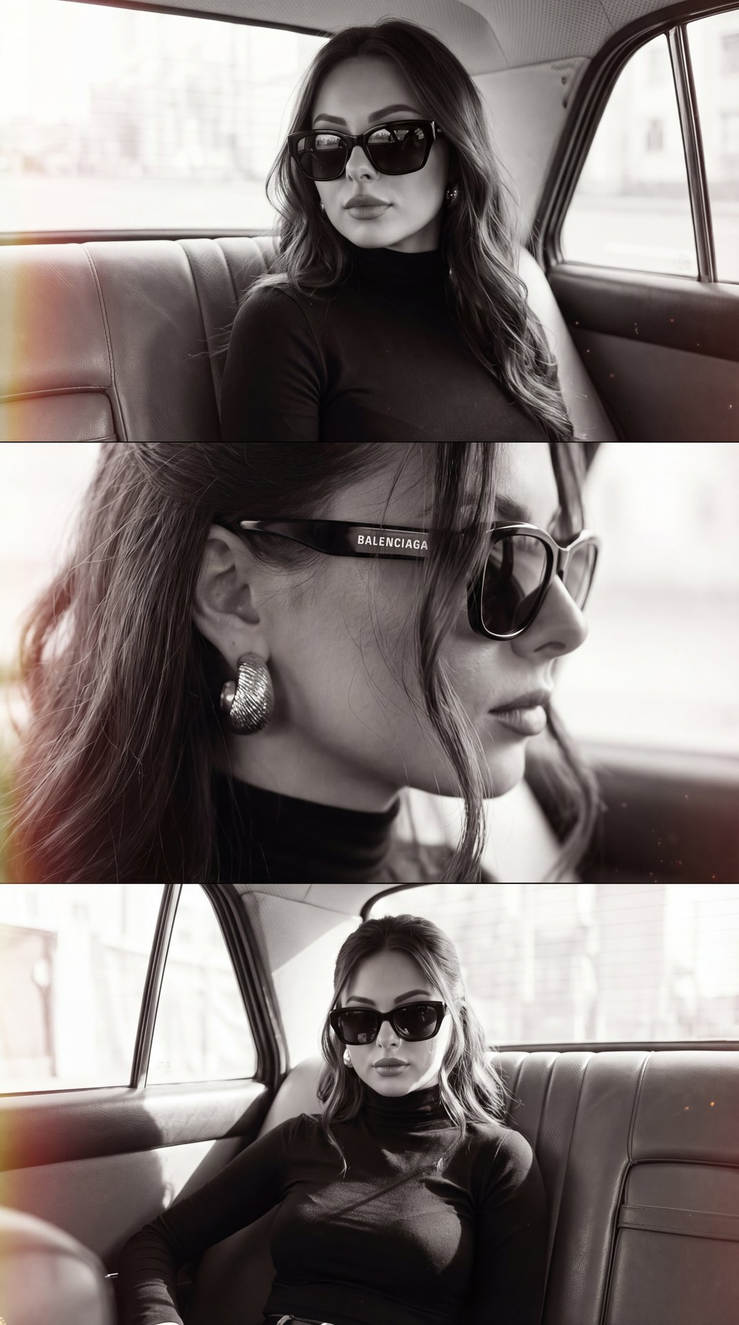 This image is composed of three black and white panels featuring a person sitting in the backseat of a car. The overall aesthetic is chic and stylish, with a strong focus on fashion elements.

**Top Panel:**
The individual is posed slightly turned toward 