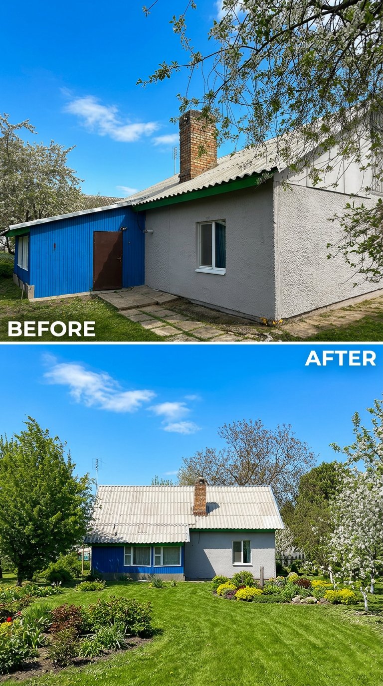 Улучши фото для продажи дома сделай ясное голубое небо