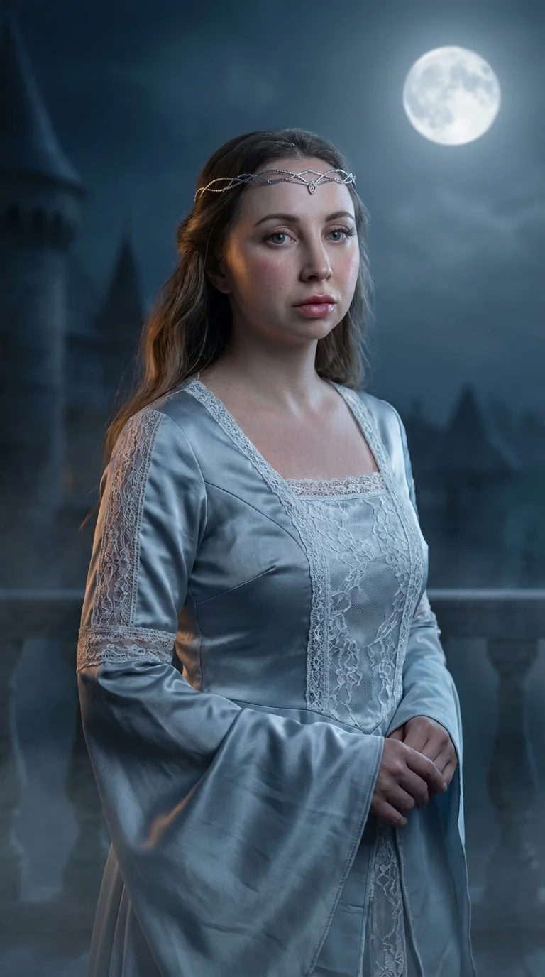 Cinematic photorealistic portrait of the woman from the reference image, strictly maintaining her 1:1 exact facial likeness, skin texture, and proportions. She is portrayed as Princess Melicent from "June 31". Makeup: Soft, elegant light makeup featuring 