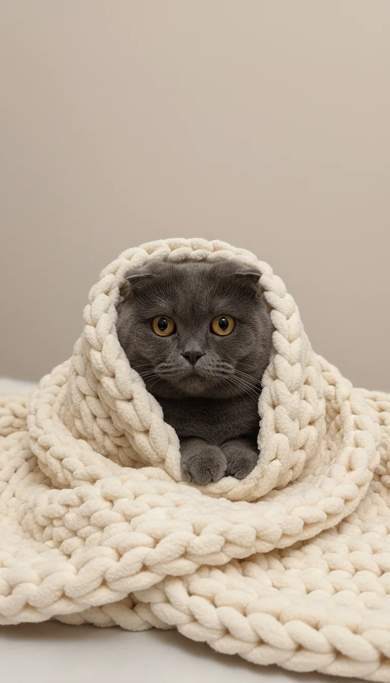 Sitting cozily wrapped in a soft chunky knit blanket, minimalistic aesthetic, soft warm lighting, calm cozy atmosphere, centered composition, lots of negative space, pastel neutral background (beige, cream tones), ultra clean studio look, shallow depth of