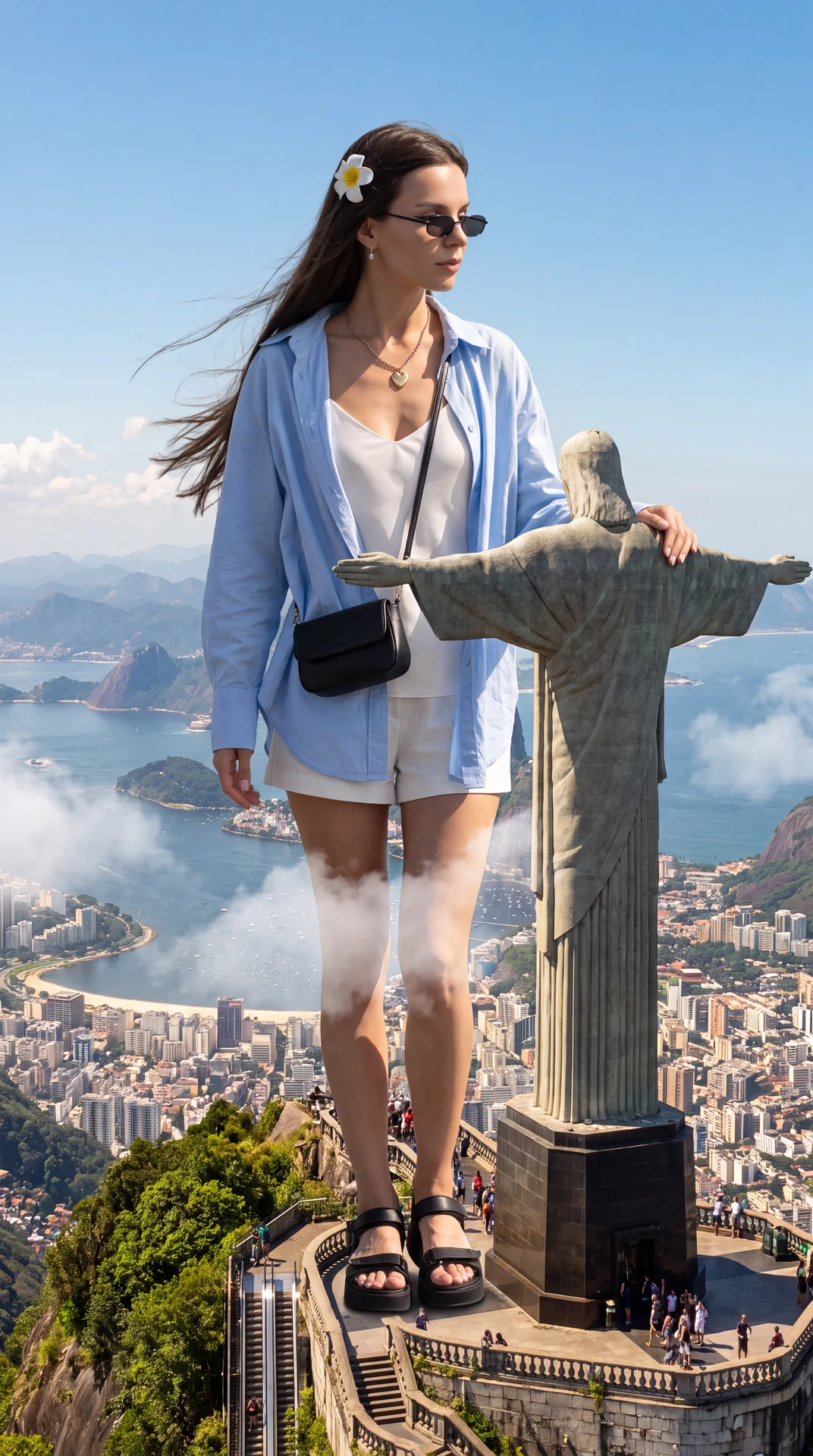 A giant fashion model (вставить описание модели+фотографию/фотографии модели) stands beside the Christ the Redeemer statue atop Corcovado Mountain Rio de Janeiro; the statue barely reaches her shoulder as if standing next to a garden sculpture. Outfit: li