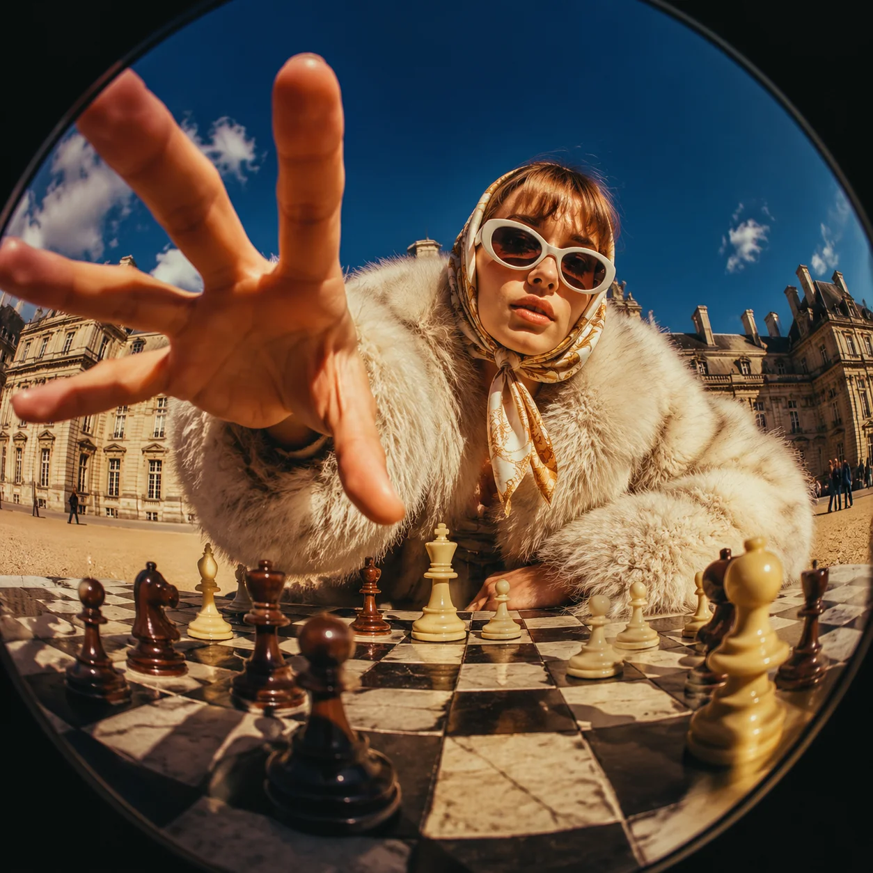 Fisheye editorial fashion portrait. Subject reac