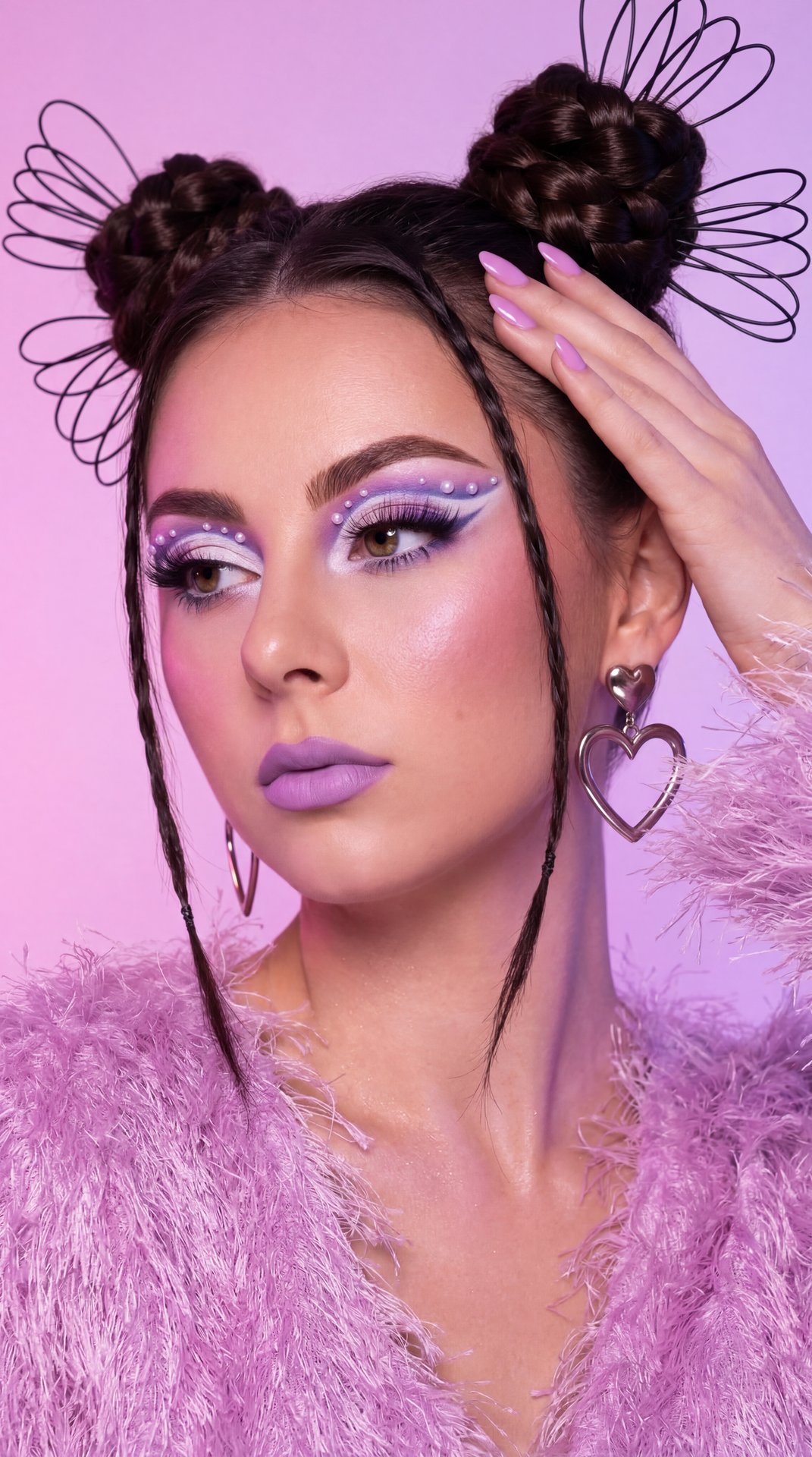 A girl is depicted in a close-up portrait with her head turned slightly to the left and her gaze directed off-camera to the left, giving an introspective and elegant expression. Her right arm is raised, with her hand gently touching the top of her head, a