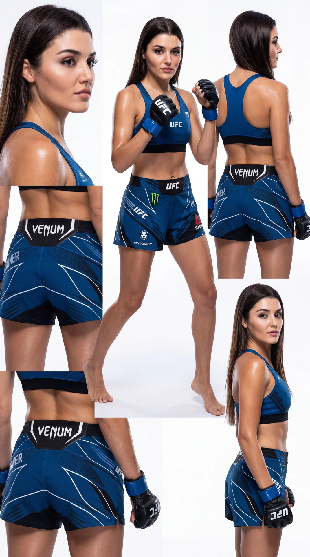 Фото одного и того же бойца UFC на чистом белом фоне. Разные ракурсы: крупный план лица, средний план, полный рост спереди, сбоку и сзади. Экипировка бойца UFC для синего угла: сине-черные шорты, перчатки UFC, боевая стойка. На шортах и экипировке размеще