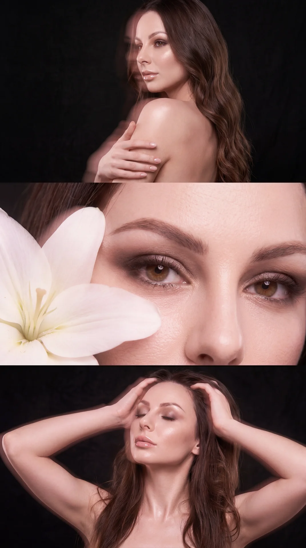 The image is a collage of three distinct sections, all featuring a young woman with an elegant and polished appearance against a dark, possibly black background.

1. **Top Section**: The woman is positioned with her shoulder facing the camera, showcasing 
