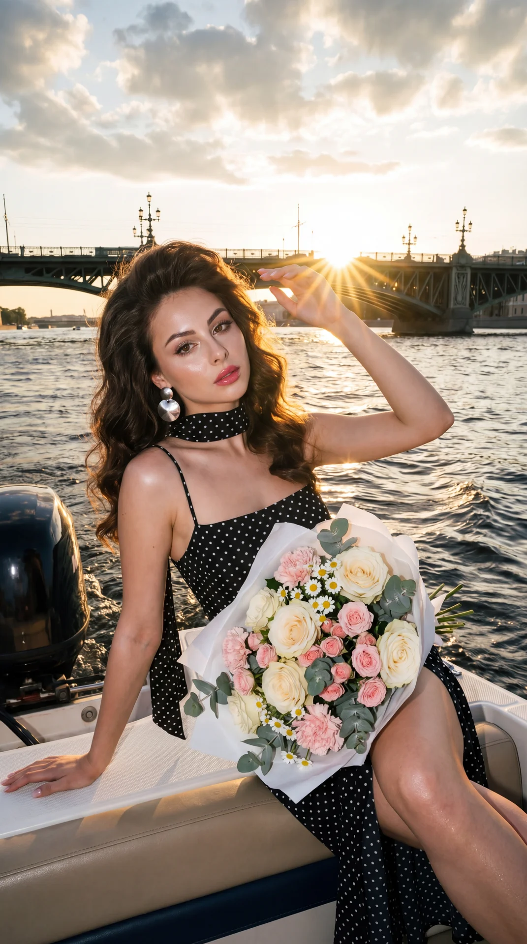 Using my photo, create a romantic, highly aesthetic image of a beautiful young woman at sunset, combining vintage fashion with the picturesque backdrop of the waterfront. 
Composition and setting
Location: The photo was taken from the stern of a motorboat