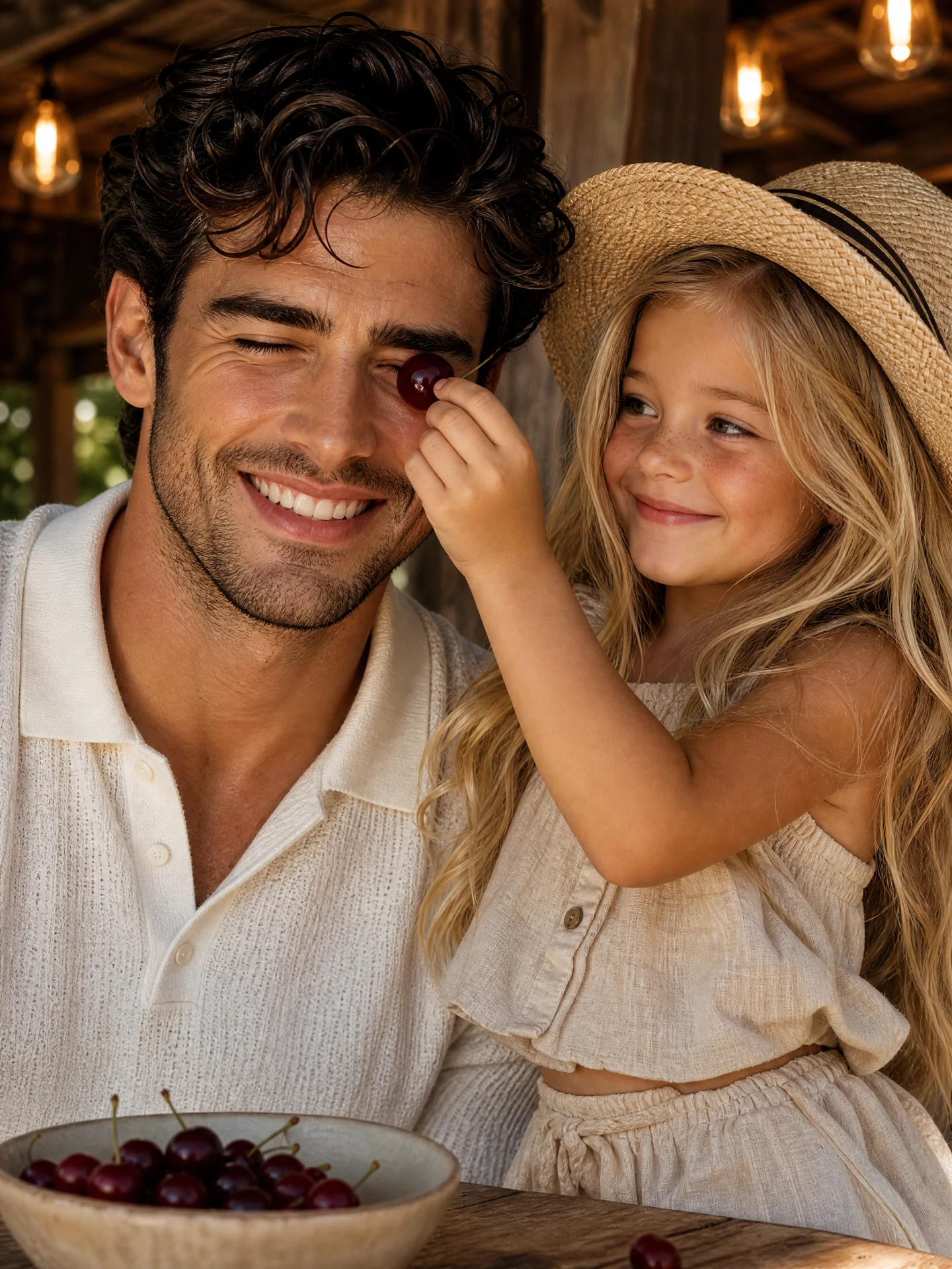Close-up candid portrait, father in white textured polo, daughter in beige linen set and straw hat. Daughter holds a cherry to smiling father's eye, wooden gazebo background, bowl of cherries, warm directed Edison bulb lighting --ar 4:5 --cref [URL] --cw 