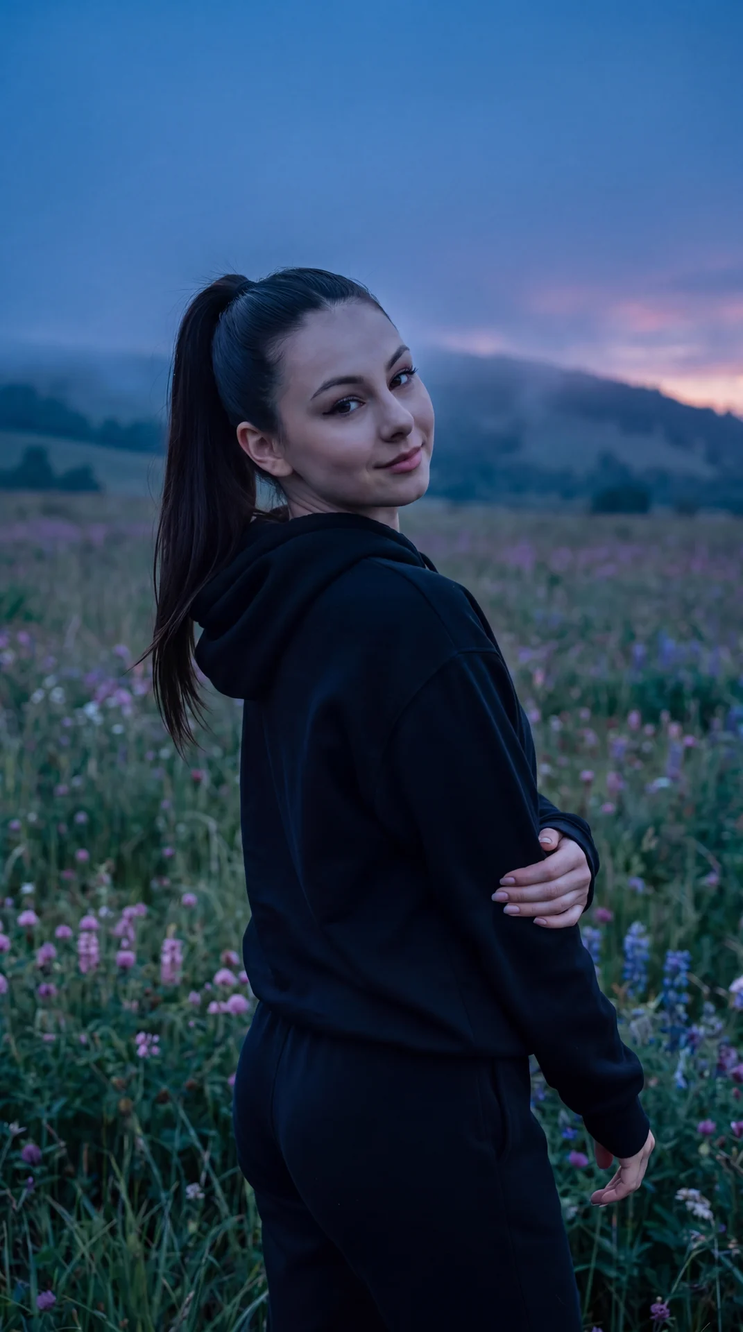 a beautiful woman portrait, blue hour lighting, twilight, cool blue tones, soft ambient light, cinematic atmosphere, hyperrealistic, 8k