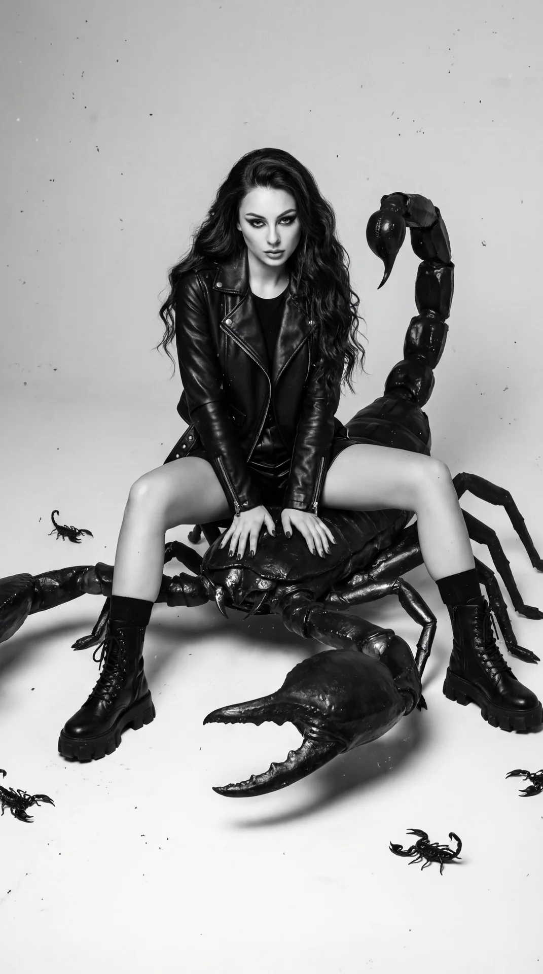 A girl, full-body shot, slight low-angle, professional DSLR photography. Slender figure. Posed sitting astride a massive, highly detailed black scorpion sculpture. Her legs are spread apart, knees bent, with her left foot planted firmly on the studio floo