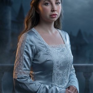 Cinematic photorealistic portrait of the woman from the reference image, strictly maintaining her 1:1 exact facial likeness, skin texture, and proportions. She is portrayed as Princess Melicent from "June 31". Makeup: Soft, elegant light makeup featuring 