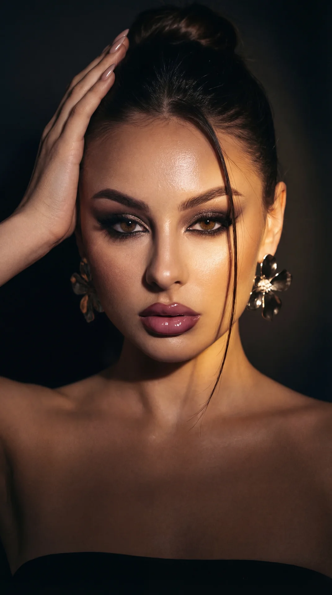 A girl in a dramatic close-up studio portrait, captured with a professional camera. Her pose features one hand raised, with long manicured fingers resting gently on the back of her head, touching a sleek hair bun. Her head is slightly tilted, and she is l