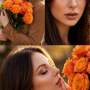 The image is a triptych featuring a woman with long, dark hair and glowing, sun-kissed skin. In the first panel, she holds a bouquet of vibrant orange roses close to her chest, her expression is gentle with a slight, soft smile, and her eyes are highlight