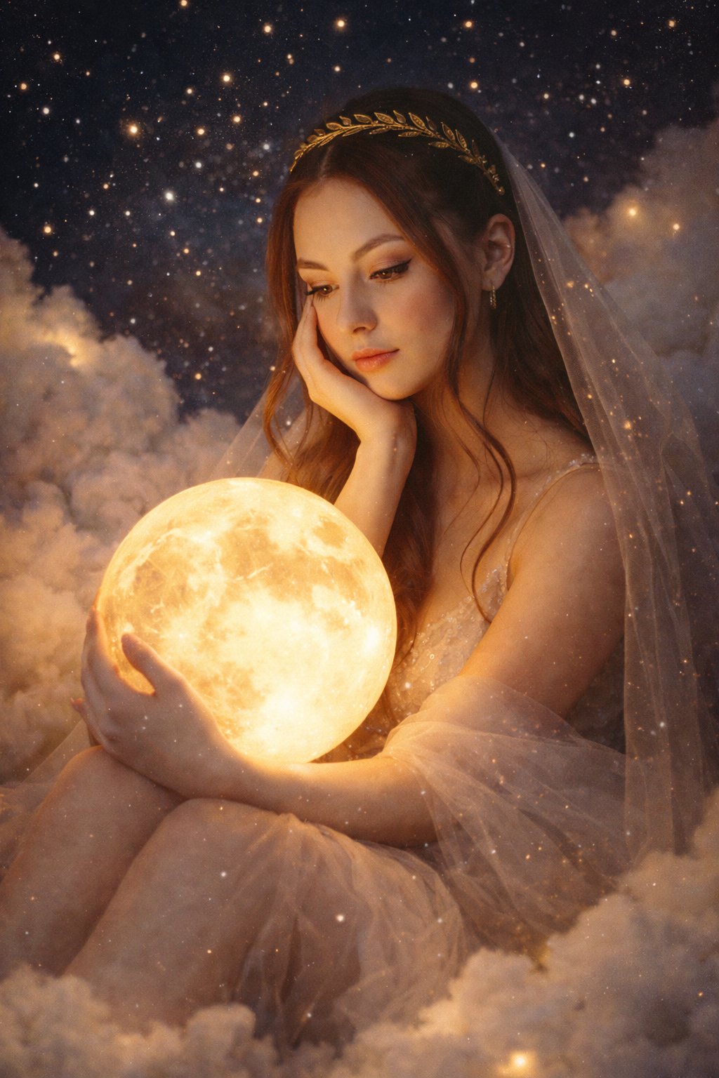 A girl is seated surrounded by fluffy, cloud-like formations with a dark, star-studded sky backdrop, evoking a dreamy, celestial atmosphere. She is holding a glowing, realistic moon prop close to her body with both hands; her left hand gently wraps around