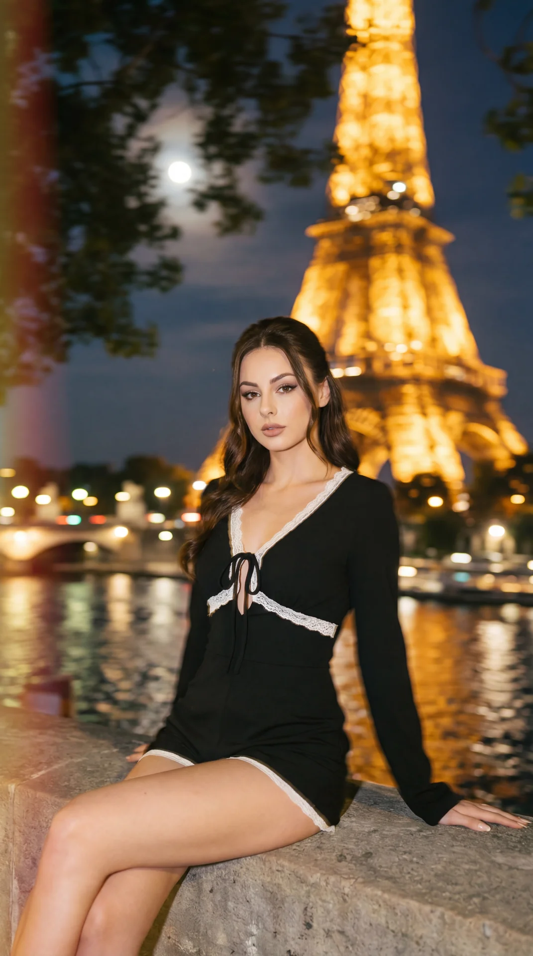 А girl, three-quarter shot, slightly low angle, professional DSLR look (35mm, wide aperture, crisp subject, soft bokeh), night by the Seine on a stone embankment, Eiffel Tower glowing warm gold behind, full moon through tree branches, reflections on water