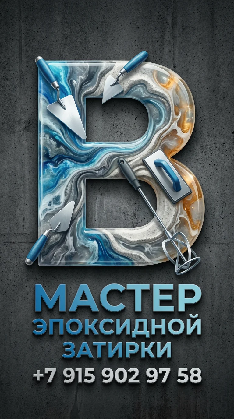 Логотип с буквой большой в мастер эпоксидной затирки.  Телефон +79159029758 фон темно серого цвета