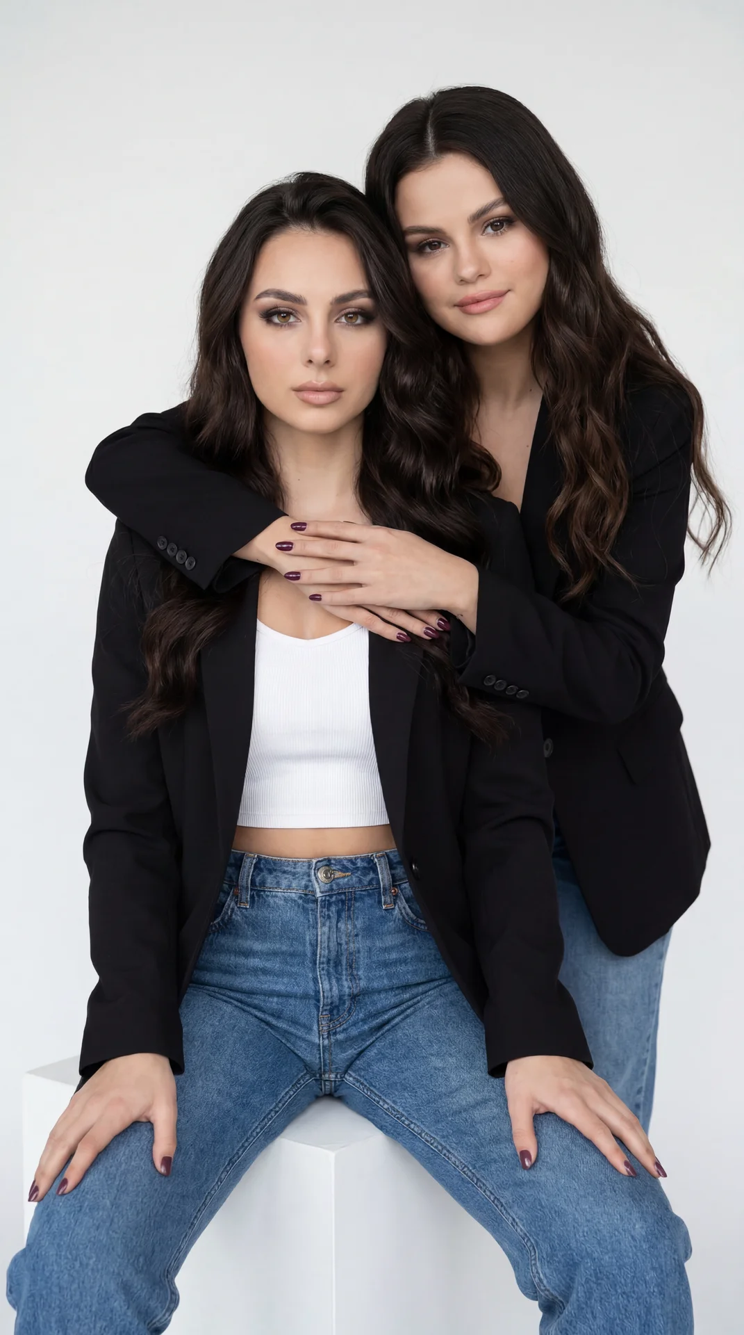 Two women in a minimal white studio, professional portrait, medium shot, eye-level straight-on; front subject seated on a white cube, knees slightly apart, hands relaxed on thighs, serene closed-lip expression, direct gaze; rear subject close behind, lean
