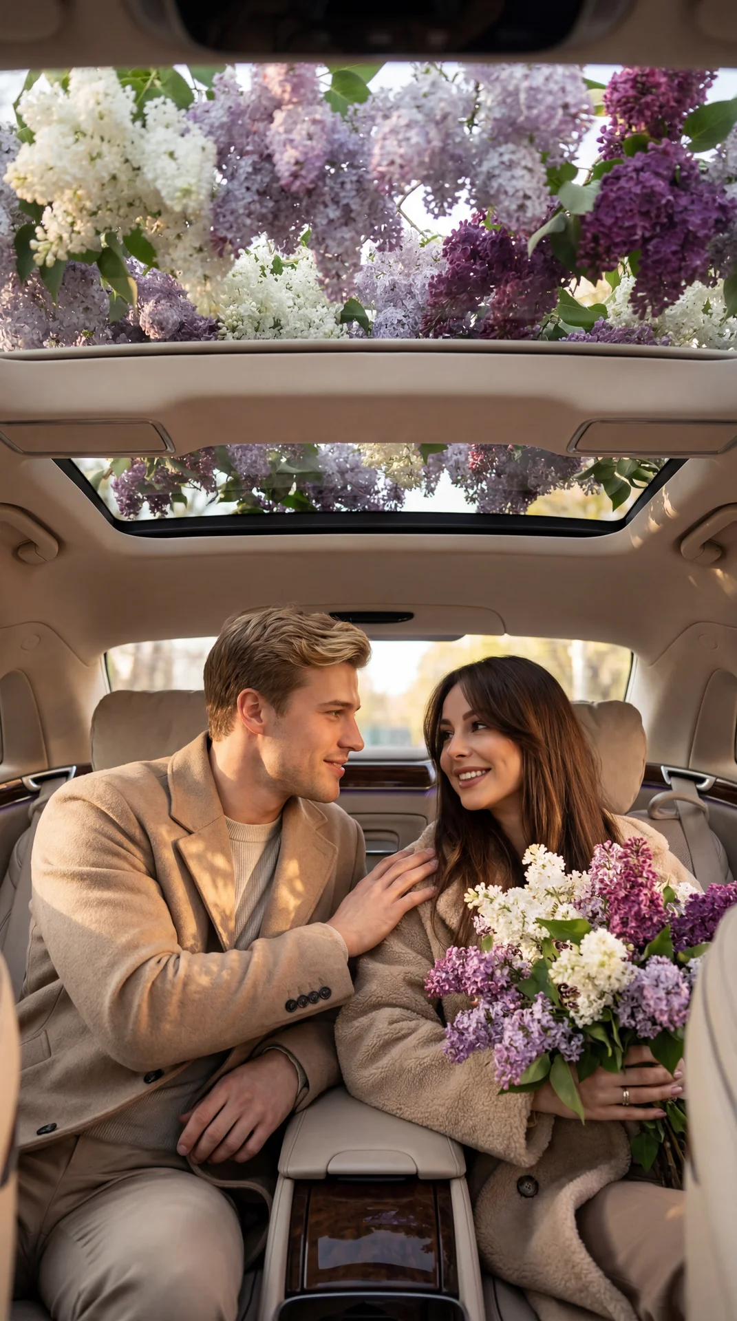 Photorealistic interior of a luxury car with a panoramic sunroof, lush lilac branches (white, light purple, dark purple) are lying directly on the exterior surface of the glass roof. The lilac covers the sunroof from the outside, visible through the glass