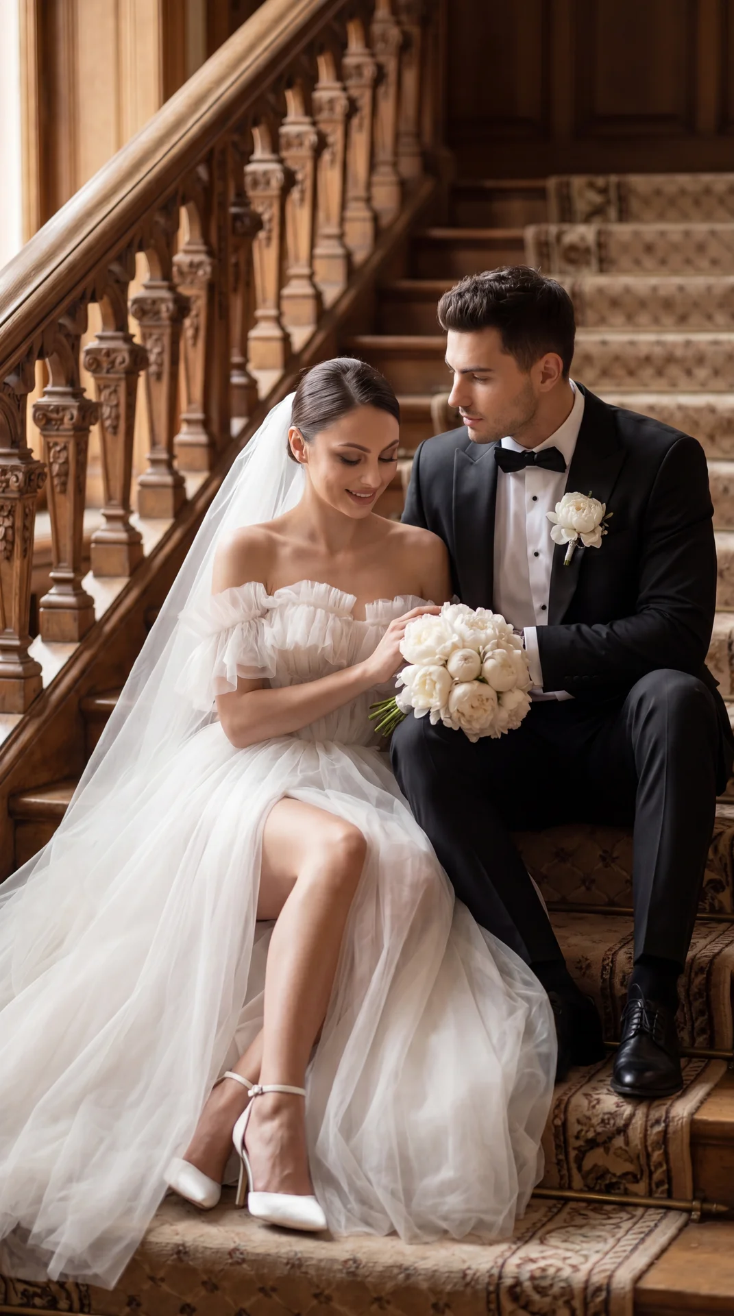 Cinematic bridal couple on an ornate historic staircase, medium-full shot, vertical portrait, 3/4 view from camera-left, slightly high angle; soft directional window light from camera-left, warm moody tonality, shallow depth of field with creamy bokeh, su
