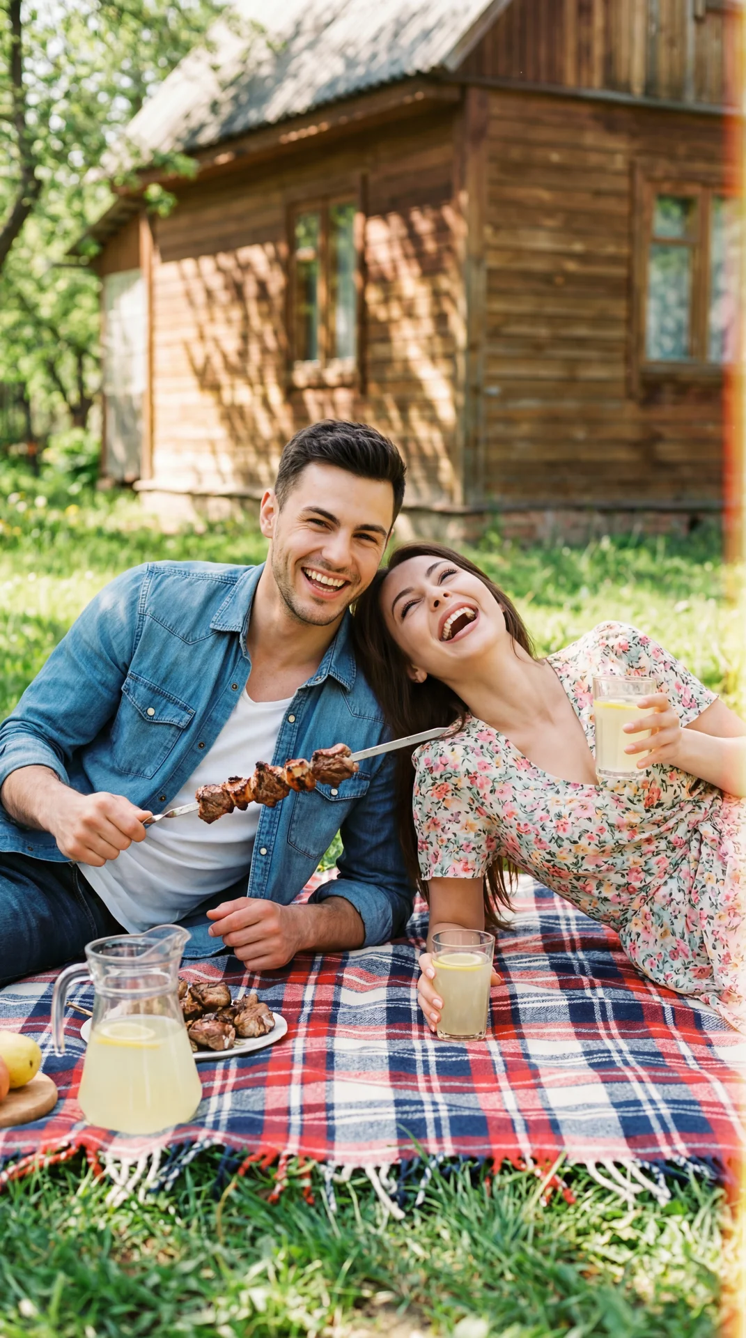 Top-down angle cinematic photography, a young couple relaxing on a cozy plaid blanket on green grass near a wooden dacha house. They are eating grilled shashlik from metal skewers, drinking lemonade, and laughing hard. Casual spring outfits, bright sunny 
