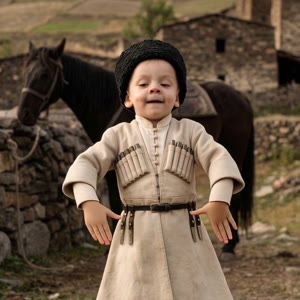 A 2-year-old boy with a photo. Keep the original face, features, expressions, age, proportions, posture, hairstyle, makeup, clothing, accessories, and overall style as is. Do not change, redraw, transform, add, or remove anything. Maintain a dynamic postu