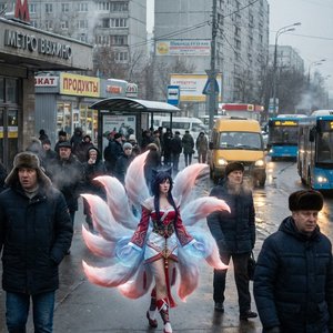 A highly detailed cinematic scene of Ahri standing near Vykhino metro station in Moscow. Urban post-Soviet environment, gray concrete buildings, crowded street, Russian signs in Cyrillic, buses and marshrutkas nearby. Cold weather атмосphère, слегка пасму