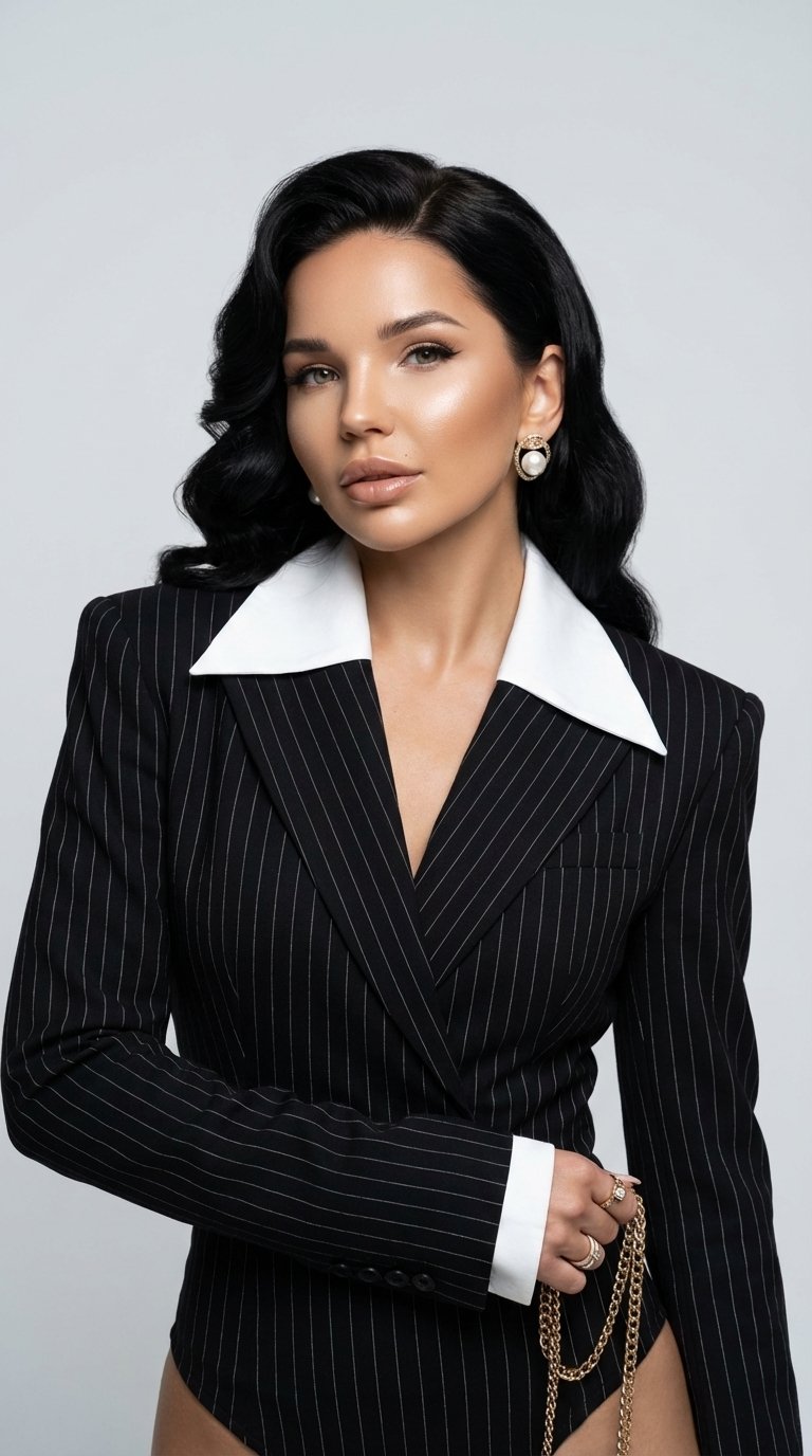 Luxury high-fashion studio portrait of a glamorous woman posing confidently against a clean light gray background. She has voluminous side-swept hair styled in soft Hollywood waves, luminous skin, sculpted cheekbones, winged eyeliner and nude glossy lips.